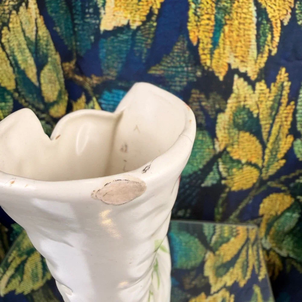 Vintage Hand Painted Floral‎ Ceramic Boot Vase Victorian Style Gold Eyelets 6.5